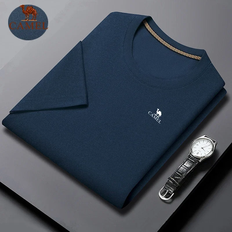 

Футболка мужская с вышивкой верблюда, тенниска с коротким рукавом, повседневная майка из дышащего материала с вафельным воротником, в деловом стиле, для спорта, на лето