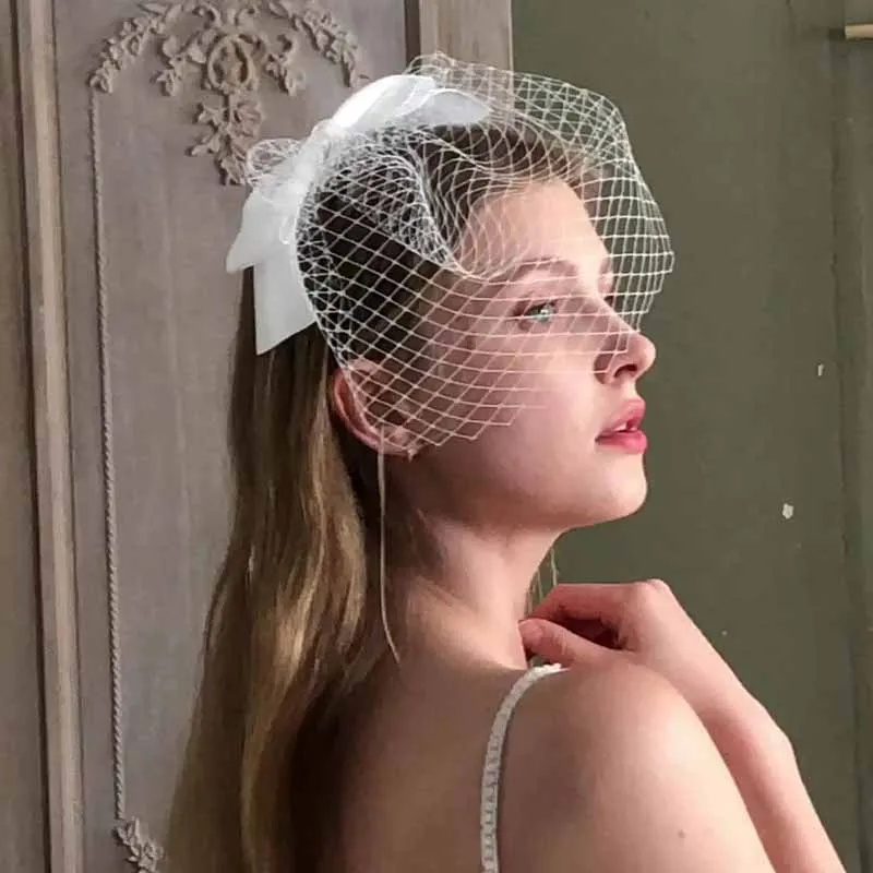 New White Ivory Headband Veils for Bridal with Bow Charming Veil for Wedding Fascinator Birdcage Veil on the Face Mini Veil