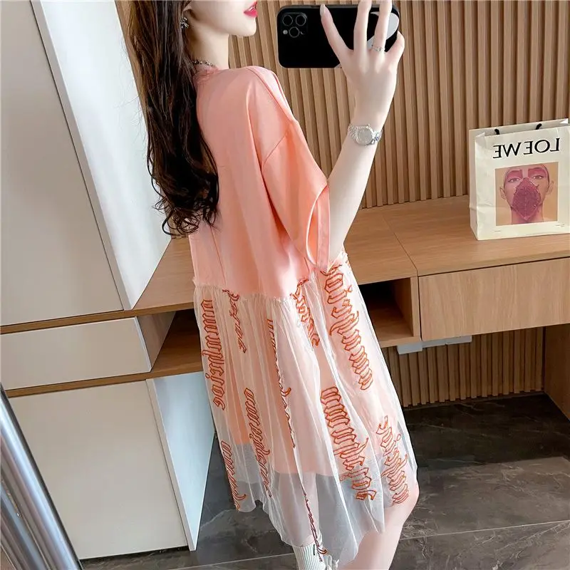 여성용 레터 프린트 메쉬 패치워크 반팔 티셔츠 드레스, 캐주얼 스트리트웨어, 느슨한 Y2K 요정 미디 드레스, 2023 여름 의류