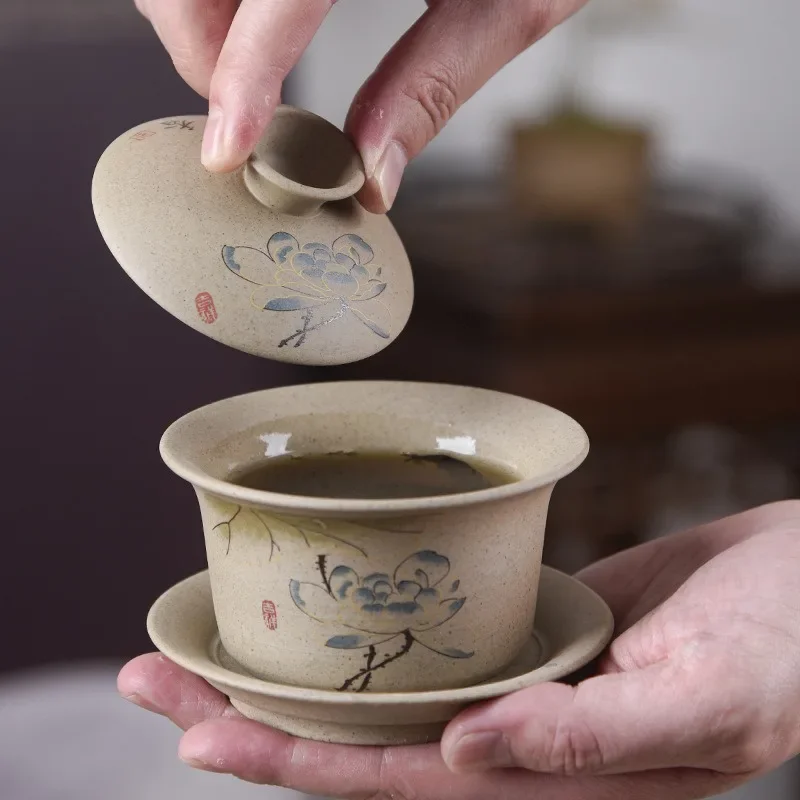 Jingdezhen Ceramic Gaiwan Bowl Chinese Style Stoneware Retro Tea Set Handmade Bubble Tea Bowl Travel Cup 150ml