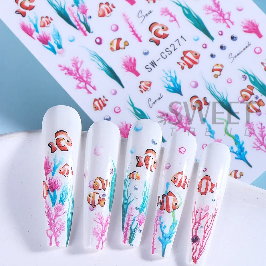 2pcs Ocean Animal Nail Art Stickers 3D Summer Starfish Shell Seaweed Fish Design Adhesive Sliders Nail Decals DIY Manicure Decor