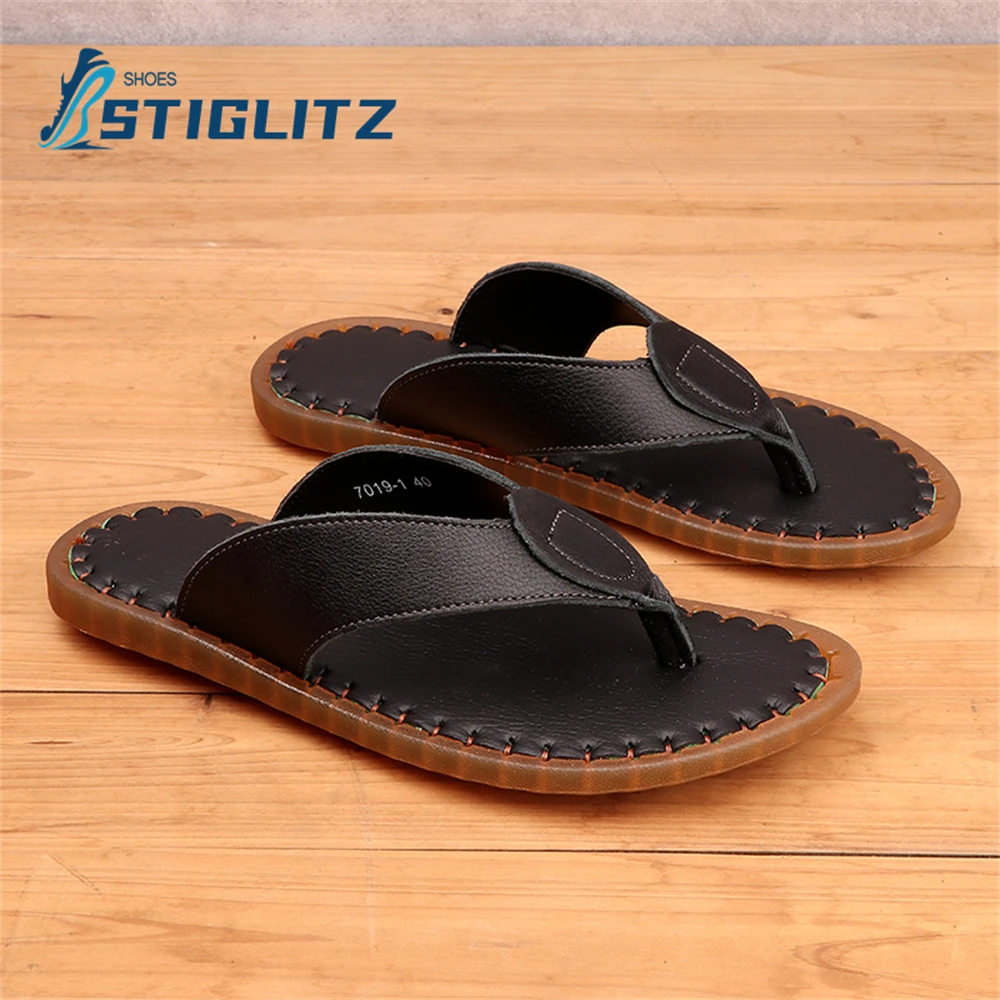 

Summer Vacation Beach Flip Flops for Men Sewing Thread Oxford Soft Sole Moccasin Slippers Genuine Leather Casual Runway Shoes