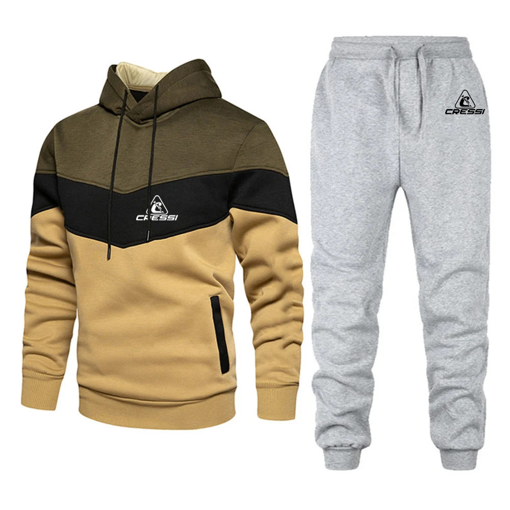 Scuba diving Cressi 2023 printing men's new fashion high-quality three-color stitching hooded pants casual suit in autumn and wi