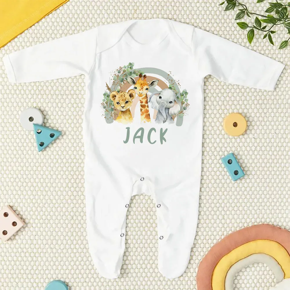Personalised Forest Animal Rainbow Babygrow Sleepsuit Custom Name Infant Sleepsuit Baby Coming Home Outfit Newbron Shower Gift
