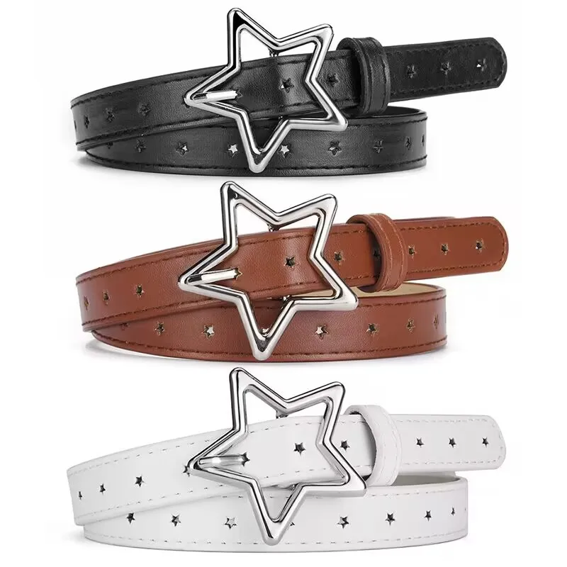 1.8x93cm Children Kids Five-pointed Star Metal Snap PU Leather Belt Girls Boys Silver Buckle Waistband Pants Decor Waist Belt