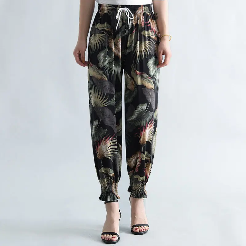 Summer Middle Age Lady Loose Ice Shreds Multiple Styles Printing Elastic Waist Bound Feet Comfortable Breathable Casual Trousers