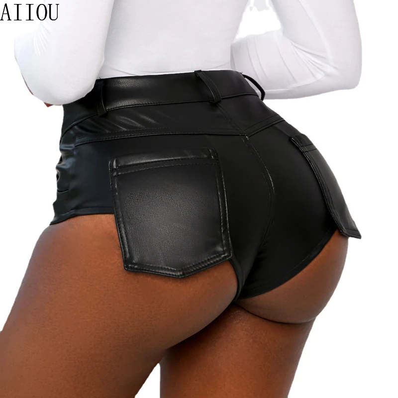 golf shorts AIIOU Faux Pu Leather Hot Womens Shorts Summer Hotpants Black High Waist Shorts Female Sexy Mini Women Shorts Buttoms Sexy women's swim shorts