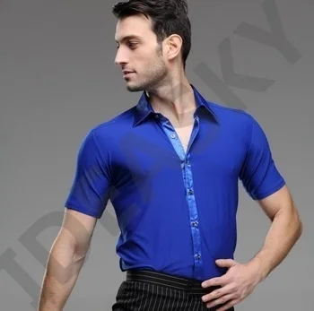 blue short sleeve shirt mens dance shirt Competition Performance Ballroom Modern Salsa Tango Samba latin shirts boys dancewear