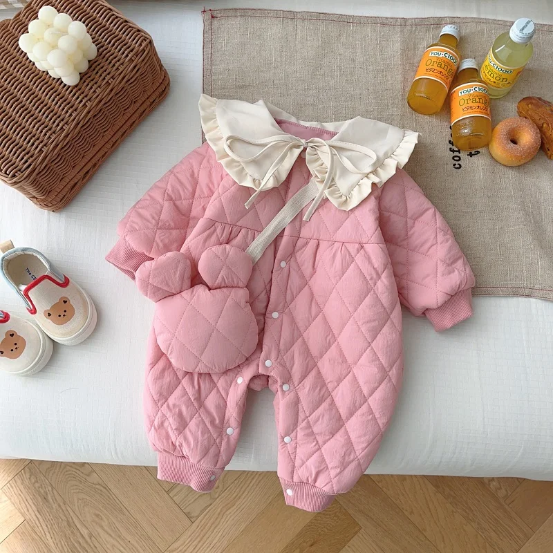 

Cute Baby Girl Winter Clothes 0-2Years Newborn Princess Long Sleeve Fleece Thicken Warm Jumpsuit Bag 2PCS Outerwear Clothes