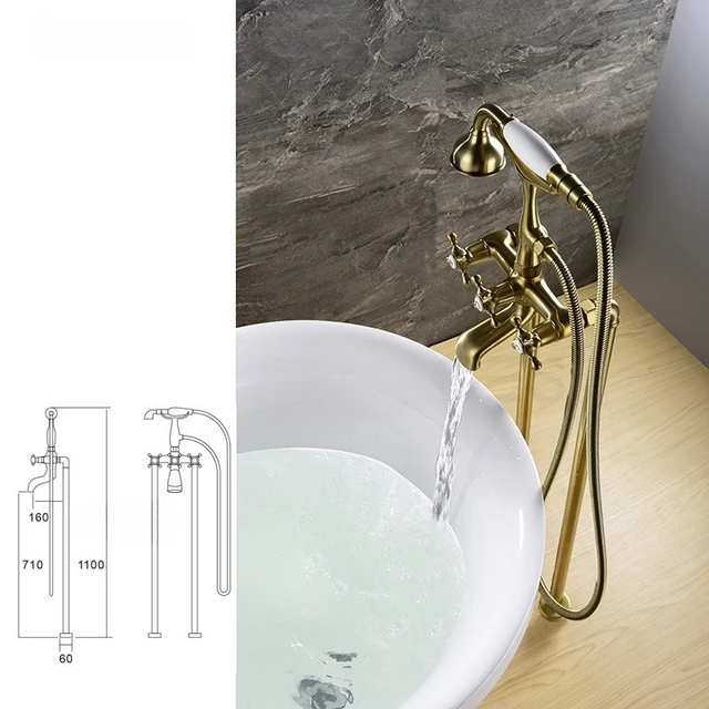 ก๊อกน้ำอ่างอาบน้ำแบบตั้งพื้น สีทองเงา/ทองขัดเงา สไตล์โบราณคลาสสิก 6