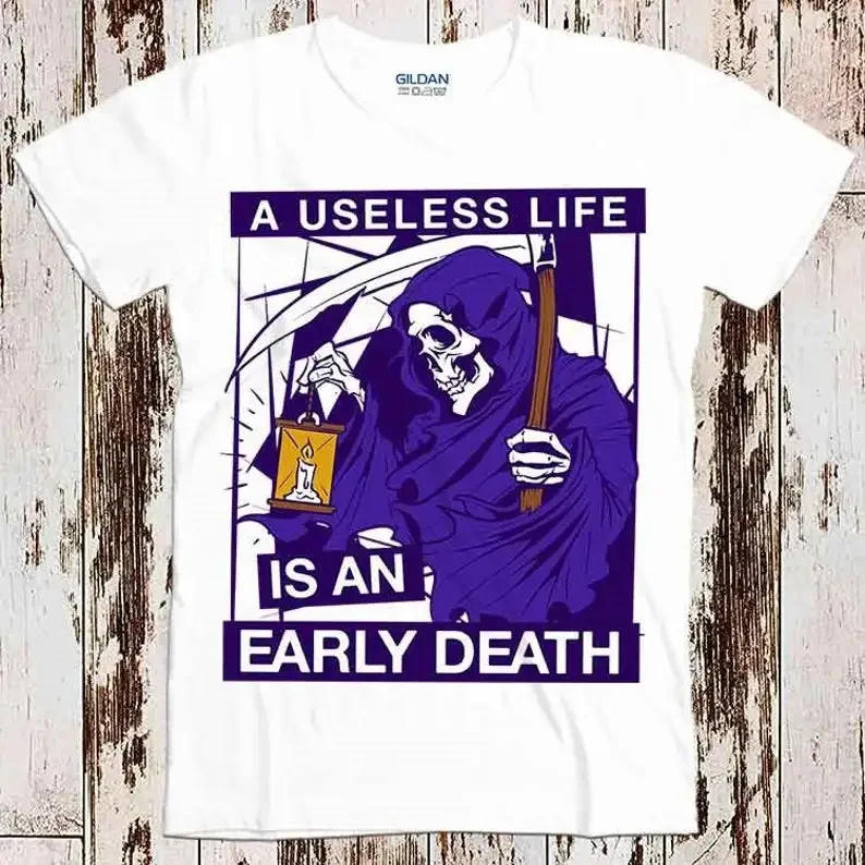 

Useless Life Is An Early Death Unisex T Shirt Skull Reaper Candle Art Drawing Cool Gift Top Tee 1499
