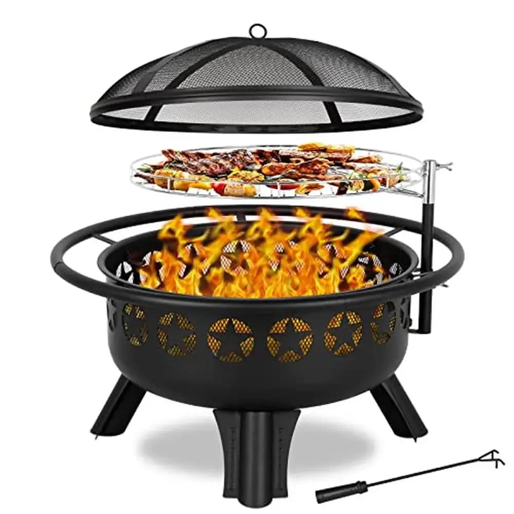 Large 31" Wood Burning Fire Pit with Swivel Cooking Grate Outdoor Heating Grill Multi-functional Outdoor Firepit Pentagram Vents
