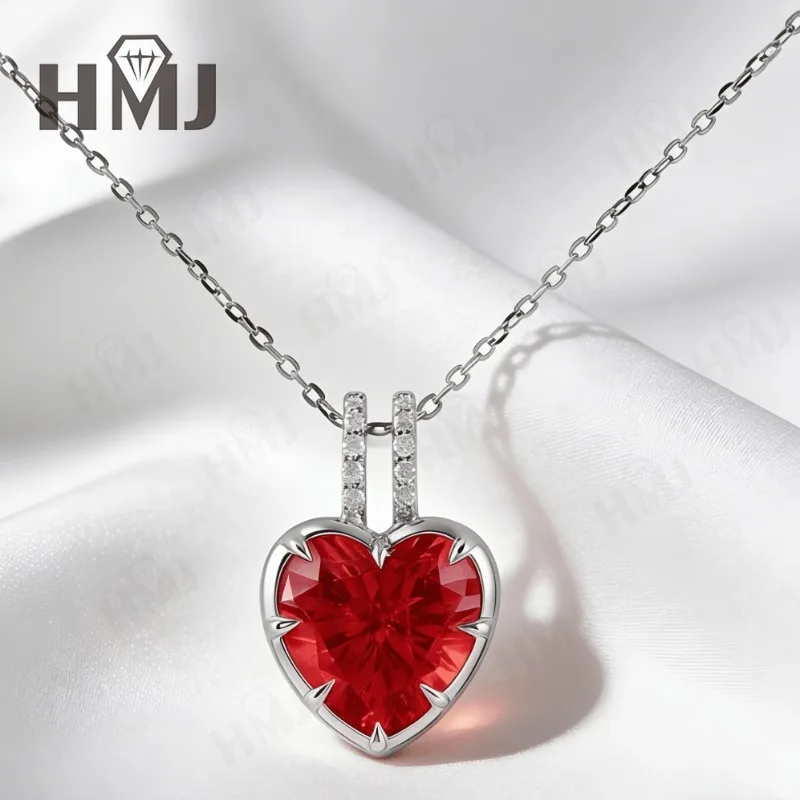 Herz-Halsketten 10X10mm Laborgezüchteter Rubin/Saphir/Kolumbianisches 925 Silber 10k 14k 18k für Frauen Jubiläum Weihnachtsgeschenk Qualität – Detail 14