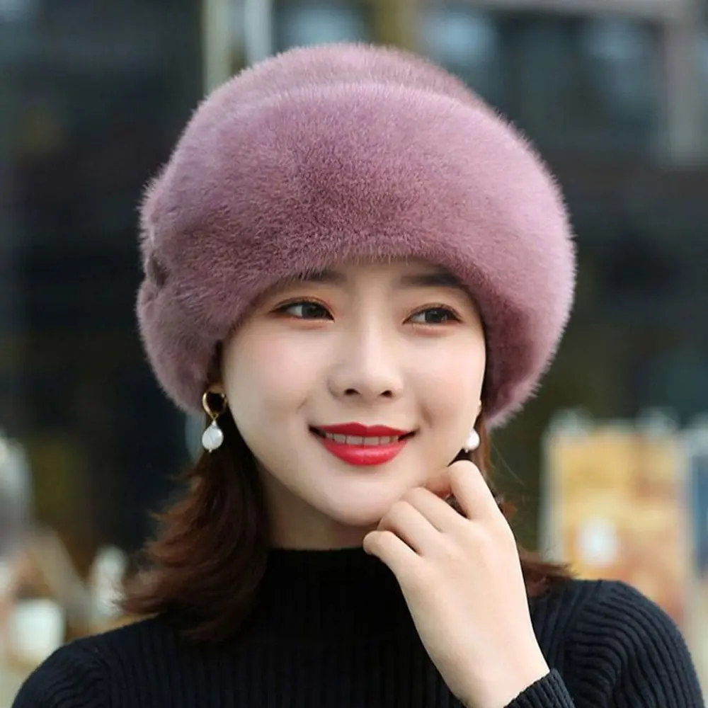 Fashion Faux Rabbit Fur Winter Hat Thickened Flower Decor Bucket Hats Keep Warm Middle-aged Cap Women