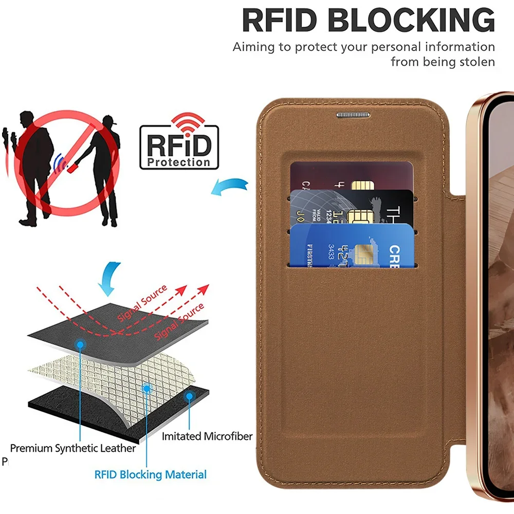 Luxurious Magnetic Leather Wallet Phone Case with Clear Card Clip & Plating Flip Cover