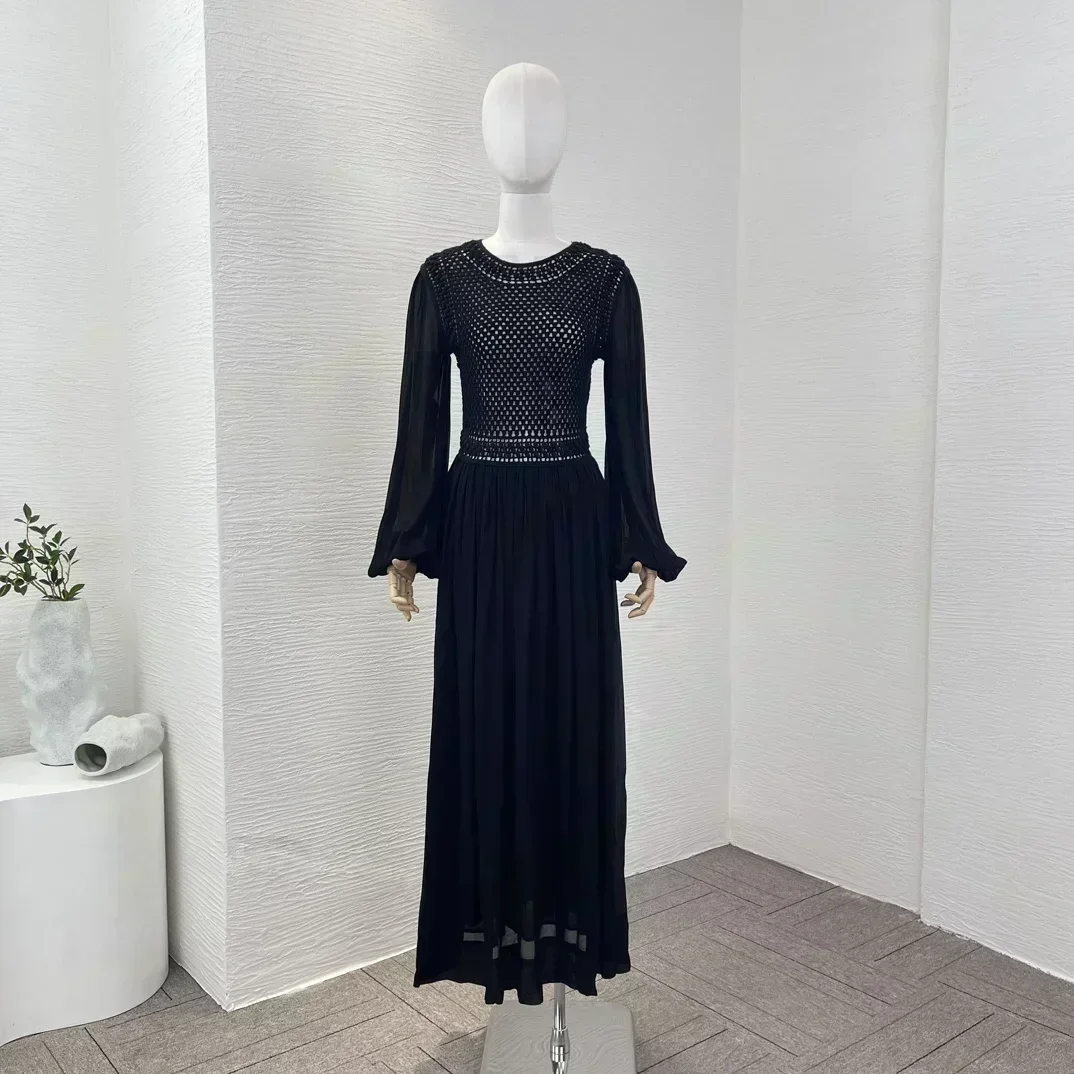 

2023 New Arrivals Vintage Solid High Quality Hollow Out Knit Patchwork Full Lantern Sleeve Ruched Pleat Waist Women Midi Dress