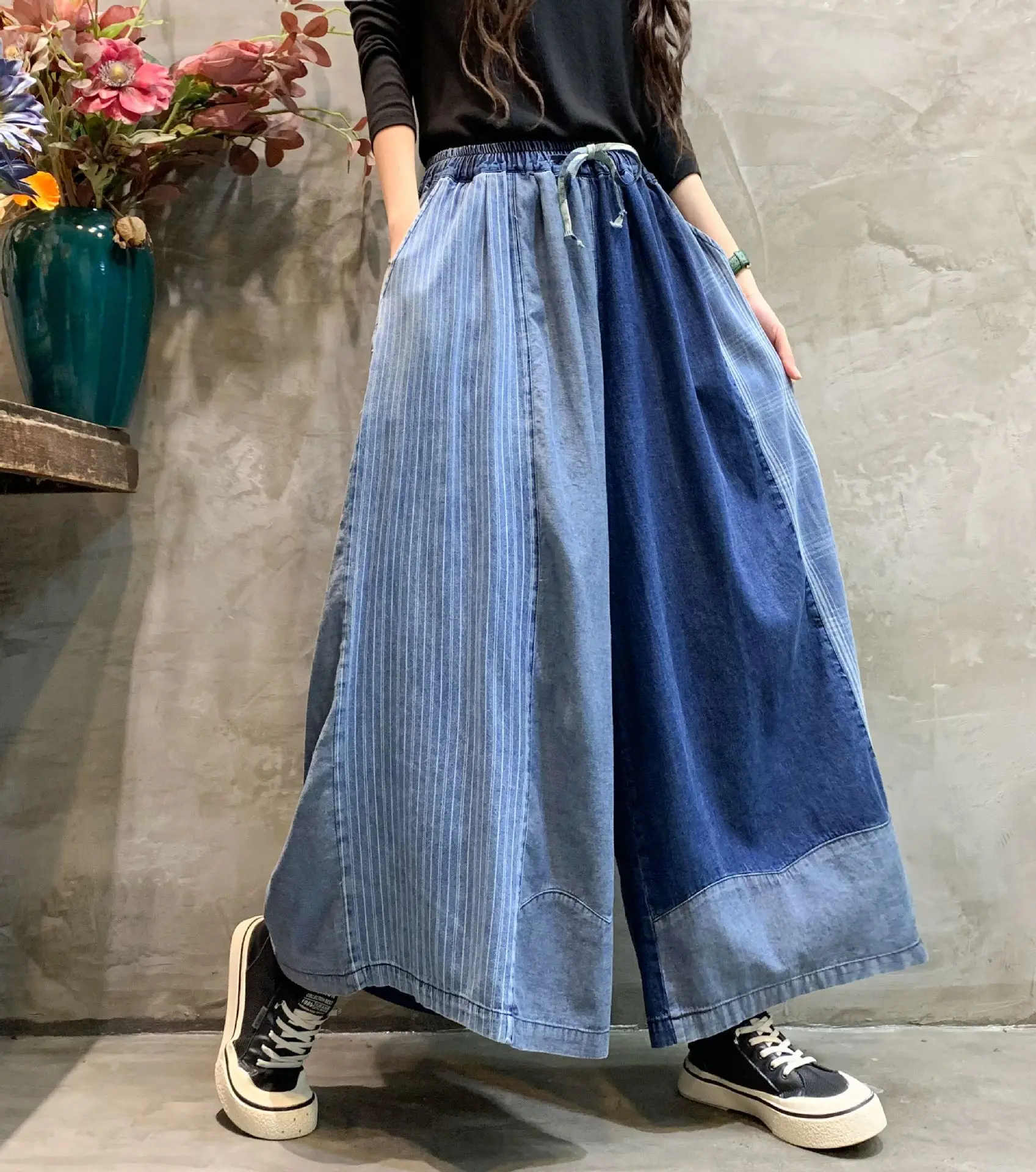 [EWQ] Patchwork Drawstring Jeans Pants For Women Streetwear High Waist Contrast Wide Leg Trousers Spring 2024 Autumn New Y6664