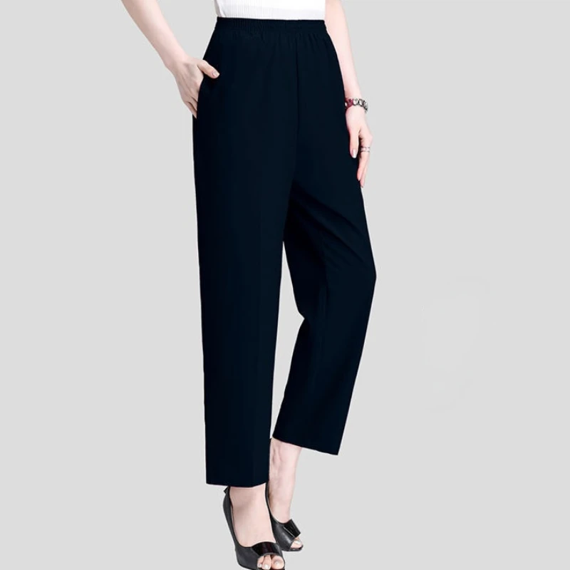 Women Trousers Summer Casual Solid Thin Elastic High Waist Cropped Pants Middle Aged Mother Loose Straight Pants 4XL 5XL