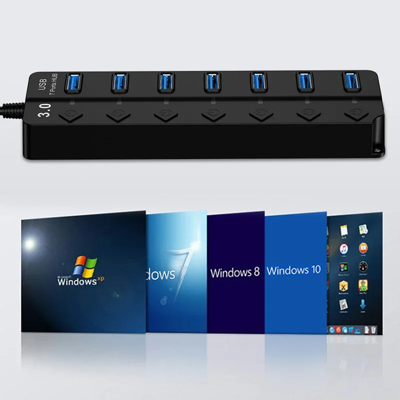 4/7-Port USB 3.0 Hub with LED Indicator Independent Switch Control for Laptop Flash Drive Hard Disk Printer Camera Keyboard 5
