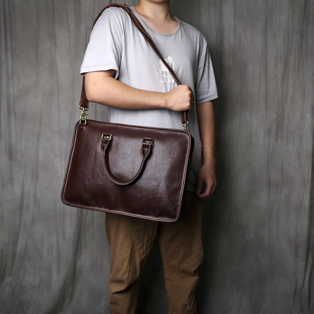 NZPJ Vintage Large Capacity Genuine Leather Men's Briefcase Top-Grain Cowhide Handbag Casual Business Bag  For 16-Inch Laptops