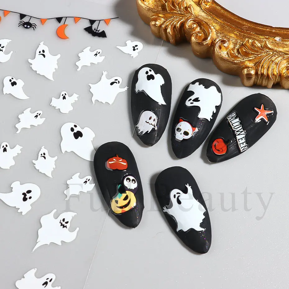 Nail Stickers Nail Stickers Halloween Series Bat Skull Bone Ghost Pumpkin Pattern 3D Self Adhesive Decals For Nails Manicure Decoration LATH nail stickers nail decals nail art decoration