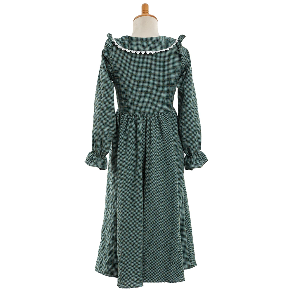 Children Vintage Green/Yellow/Brown Plaid Cotton Colonial Day Dress Girls Historical Pioneer Dress Prairie Costume for Child