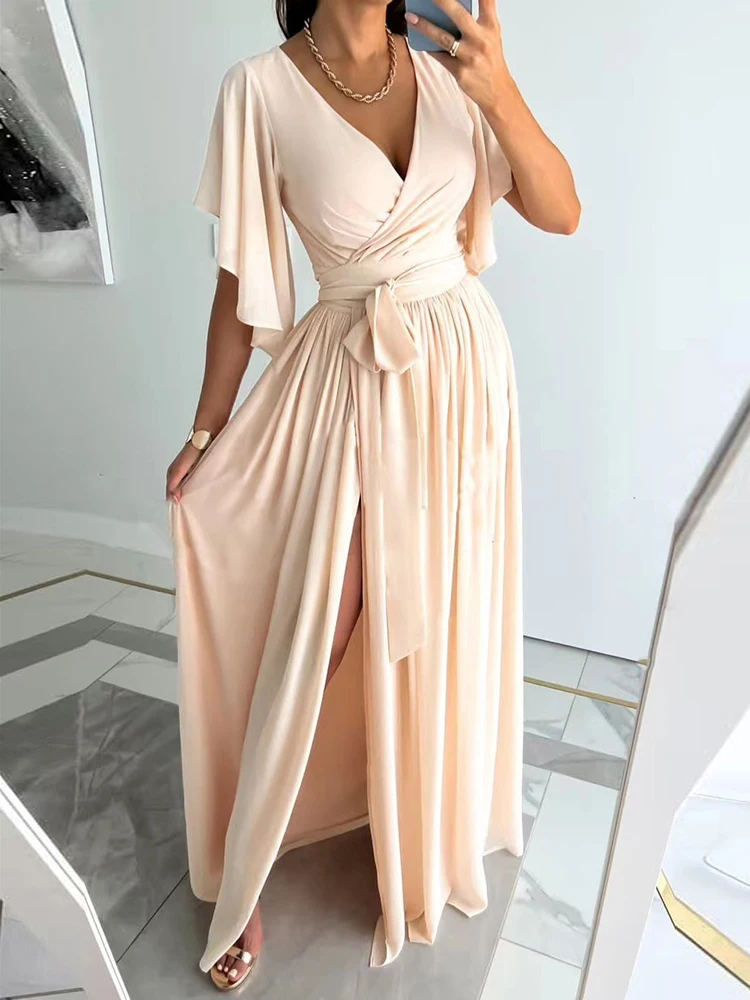 

Women's Casual Dress Cross V Neck Short Sleeve Pleated Big Hem Solid Color Long Dress with Belt Elegant Party Dress