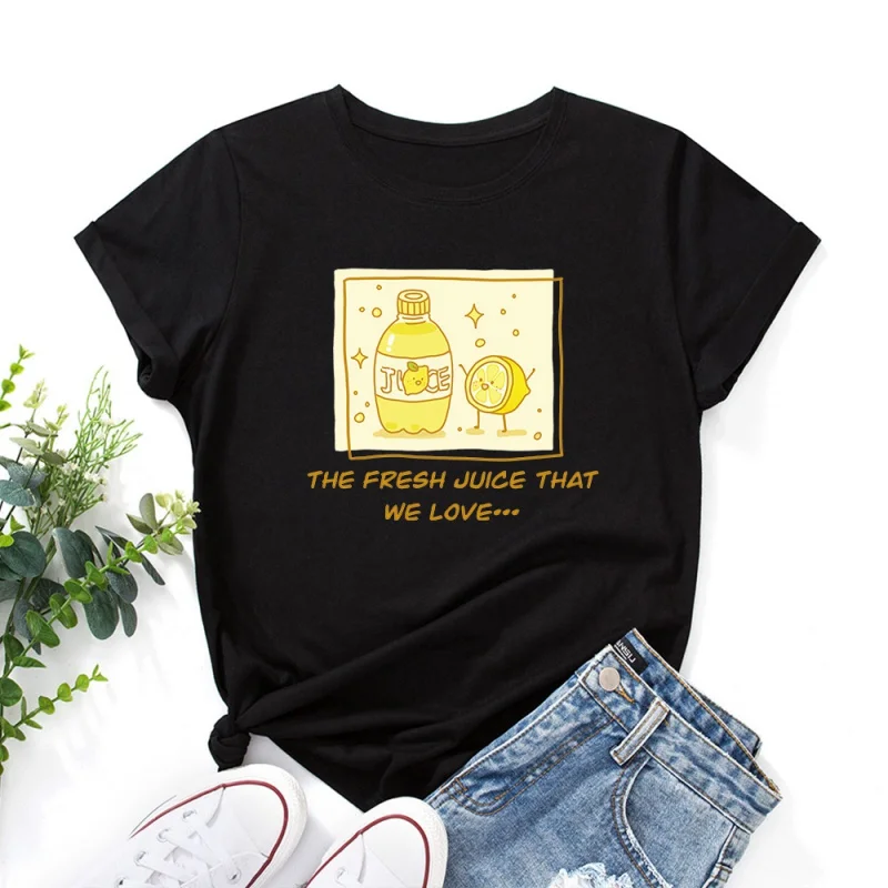 

Fashion Trendy Funny Fruit Pattern Women Cotton T-shirt Round Neck Loose Large Size Short Sleeve Women's Tops