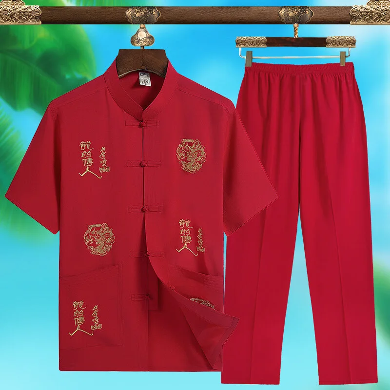 Summer Men's Chinese Style Short Sleeve Embroidered Ice Silk Tang Suit Set Elderly Dad's Fashion Traditional Chinese Clothing