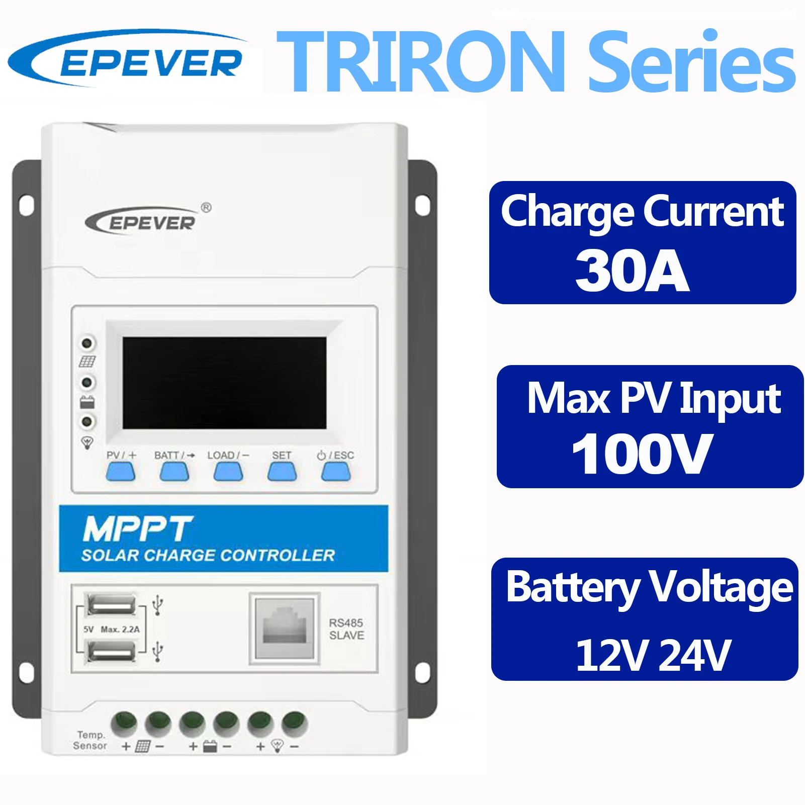 EPEVER 30A MPPT Solar Charge Controller Battery Voltage 12V/24V Max PV Input 100V
