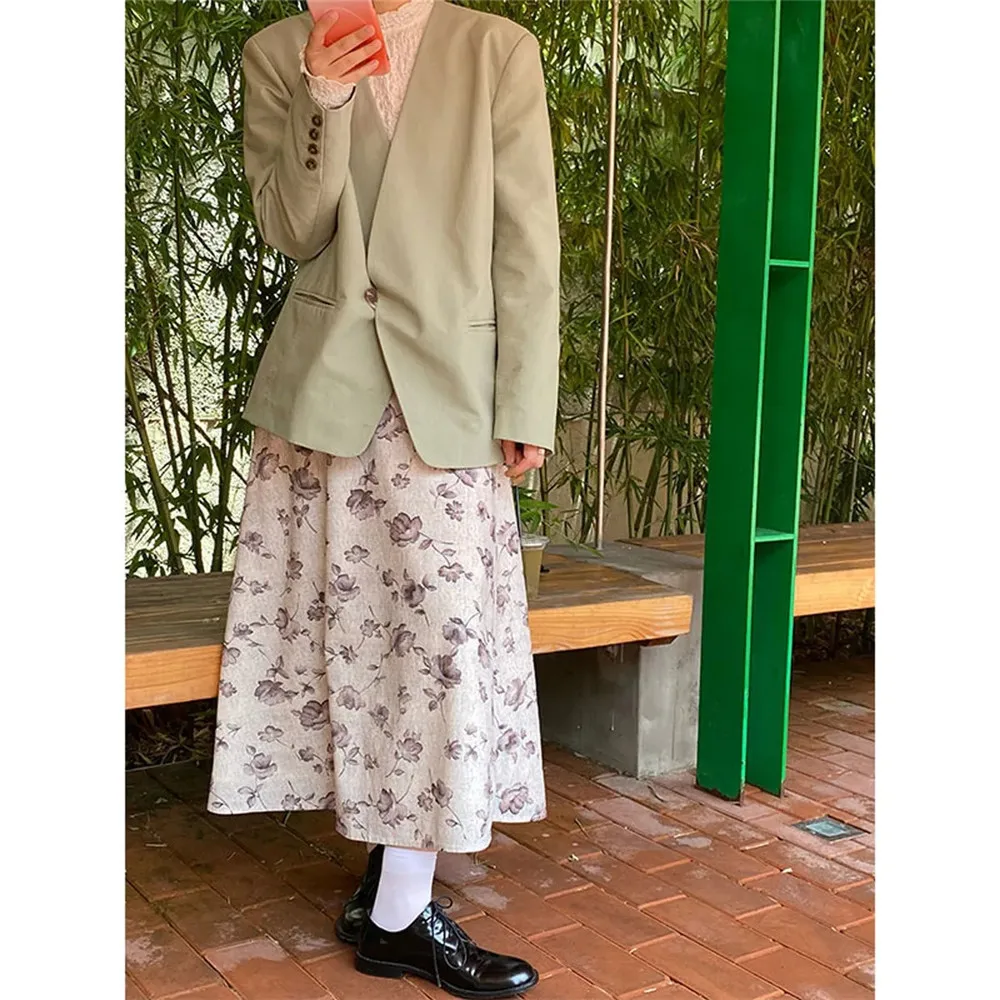 

Japanese Retro Elegant Floral Print Long Skirt Women Vintage Spring Summer Wild Midi Skirt Student Harajuku High Waist A-Line