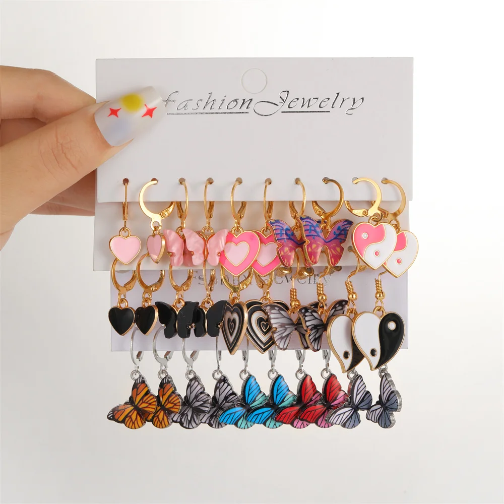 New Fashion Punk Earrings Set Western Style Pink Black Chessboard Ladies Love Tai Chi Temperament Fashion Party Style Earrings