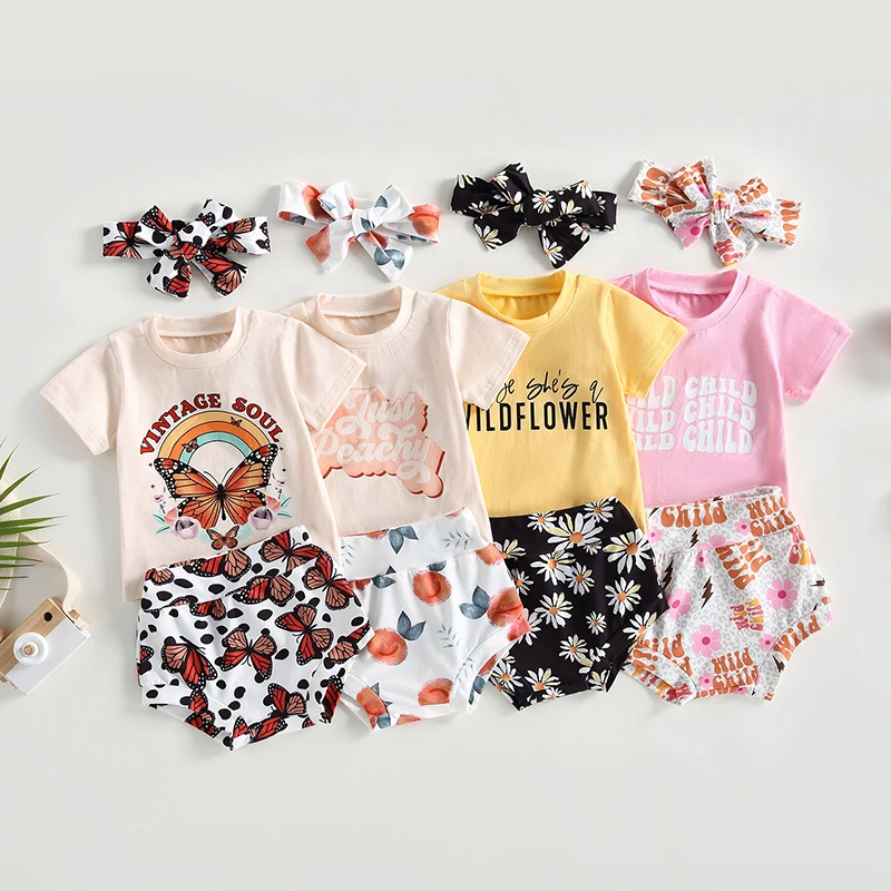 

2023-04-14 Lioraitiin 0-24M Infant Baby Girl 3Pcs Clothes Letter Print Short Sleeve T-Shirt Floral/Butterfly/Peach Print Shorts