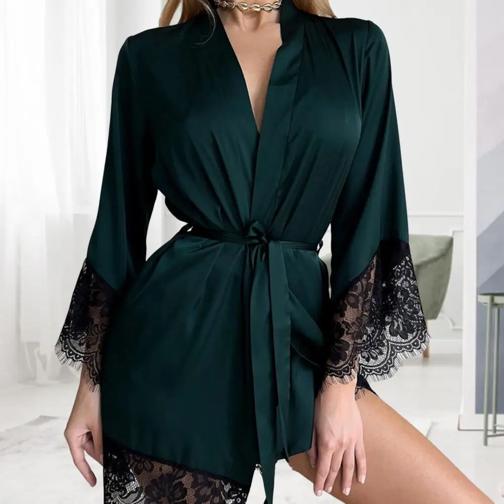Women Sexy Silk Kimono Satin Dressing Gown Bath Robe Lace Lingerie Nightdress Nighties V-neck Nightdress Nightwear Nightshirt