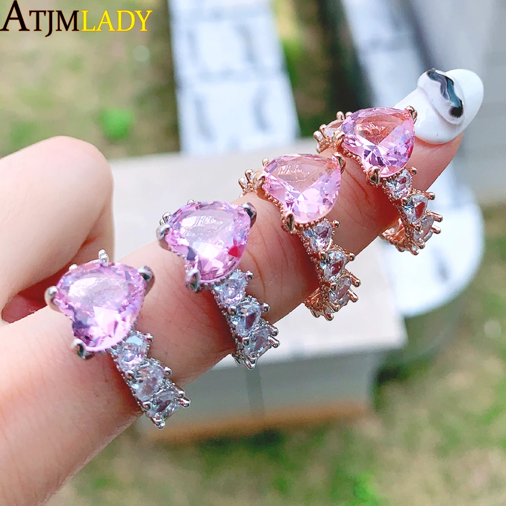 New Rose Gold Color Pink Heart Ring Iced Out Bling 5A CZ Cubic Zircon  Hearts Engagement Wedding Band Rings For Women Men Jewelry