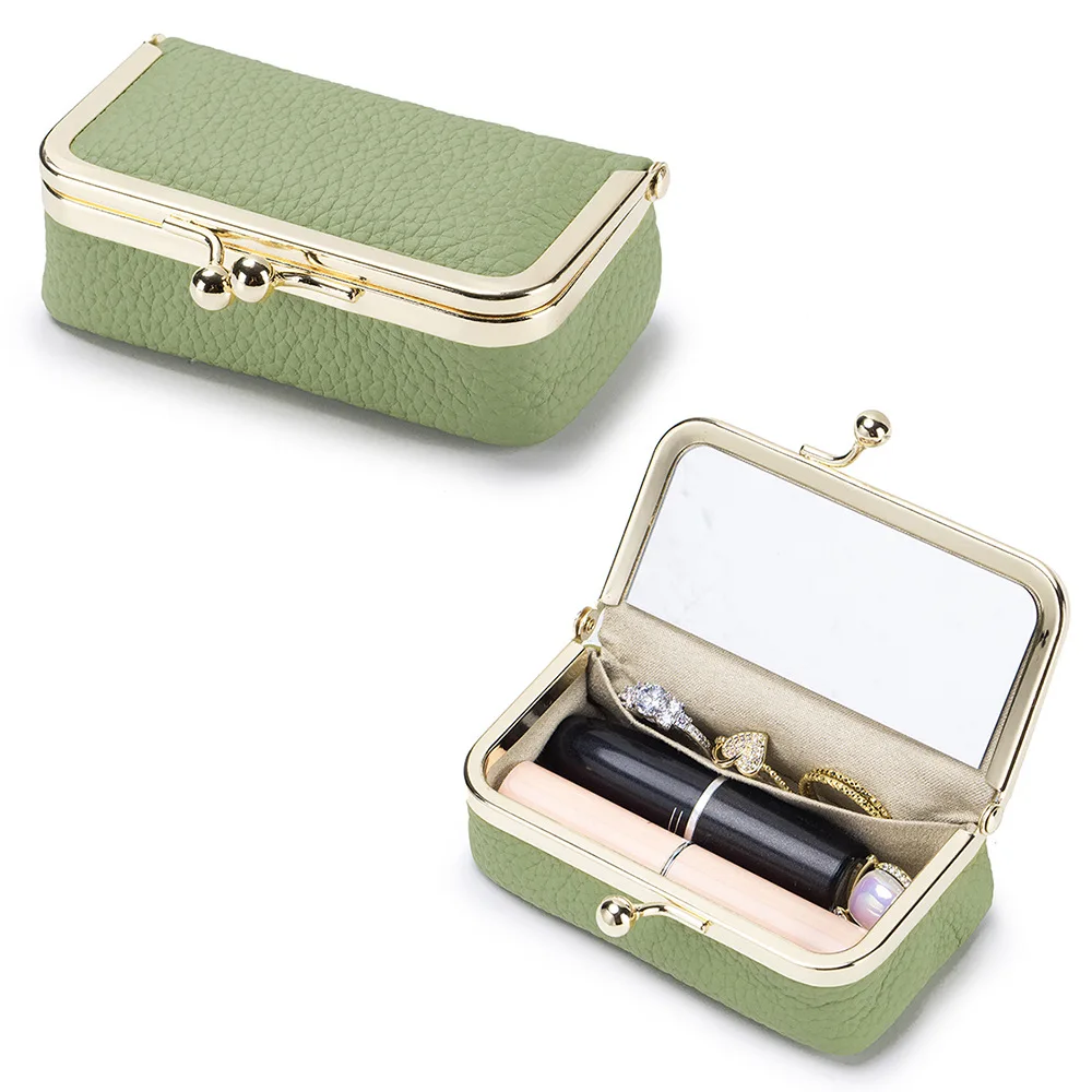 Elegant Litchi Grain Leather Lipstick Holder with Built-in Mirror