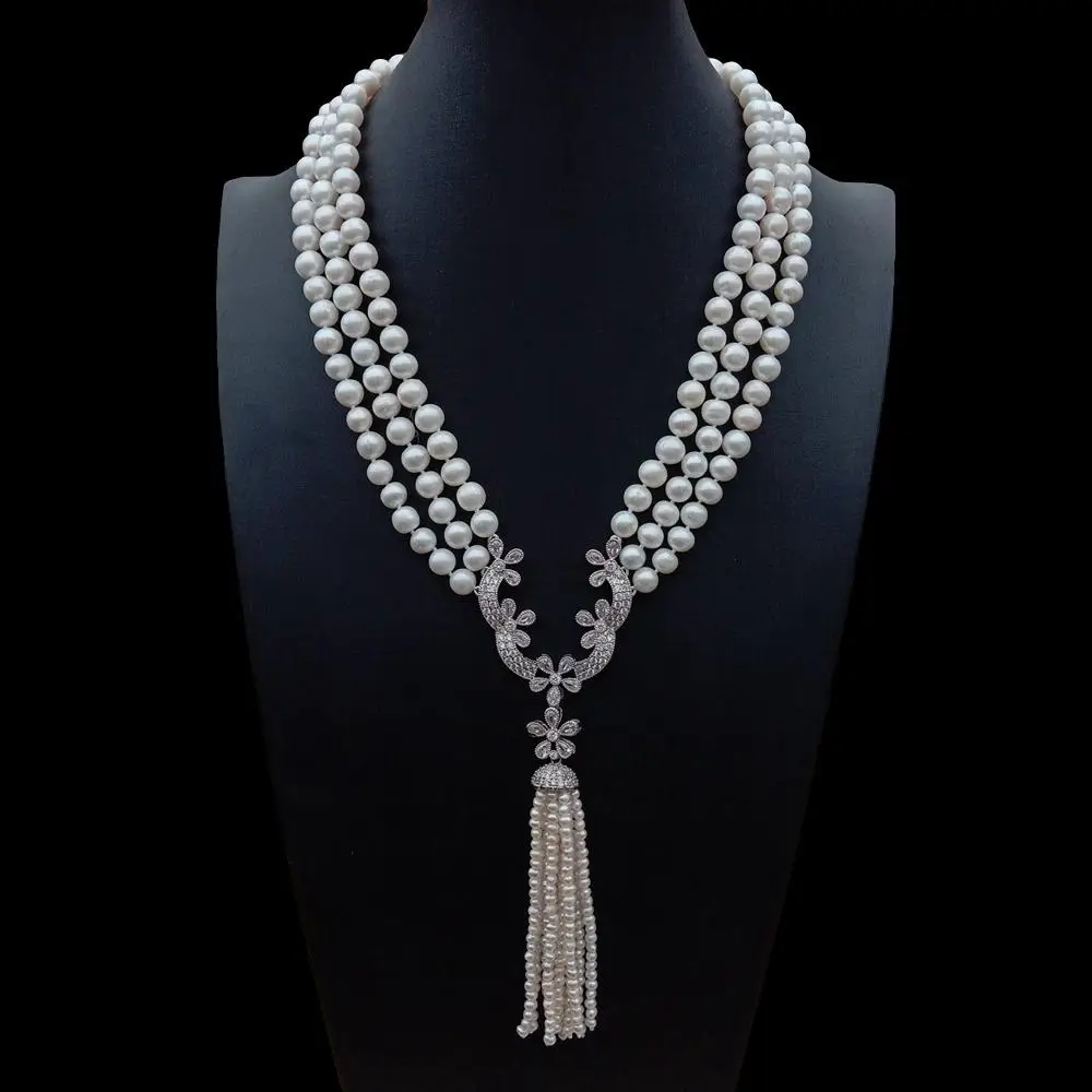 

luxury Natural 3 Strands Freshwater Cultured White Pearl Necklace Cubic Zirconia Pave Pendant wedding for women