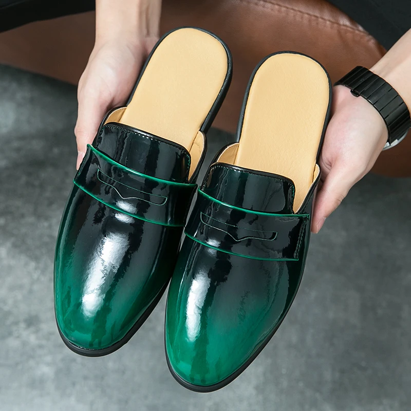 Summer New Fashion PU Leather Casual Mules For Men Male Slip-on Breathable Comfy Half Loafer Slippers Handsewn Leisure Sandals