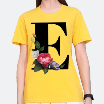 Large Size Yellow T-shirt for Men And Women with Black Fashion Trend Print of Flowers 26 English Letters Casual Short Sleeve Top 1
