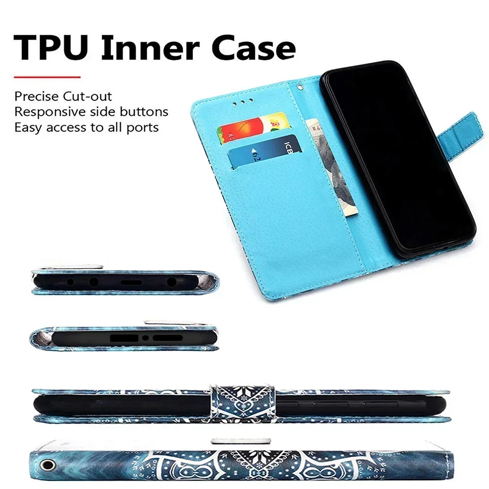 Chic Painted PU Leather Flip Phone Case with Wallet Stand and Card Holder Strap