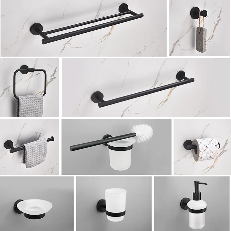 Matt Black Wall Mounted Towel Bar Toilet Paper Holder Robe Towel Hooks Brass Knurling Bathroom Accessories Kit