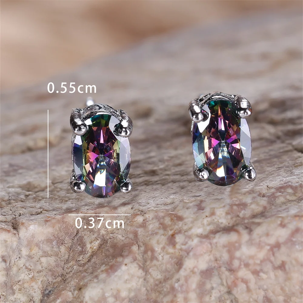 Rainbow Crystal Multicolor Oval Stone Small Stud Earrings For Women Vintage Silver Color Wedding Jewelry Bridal Engagement Gifts