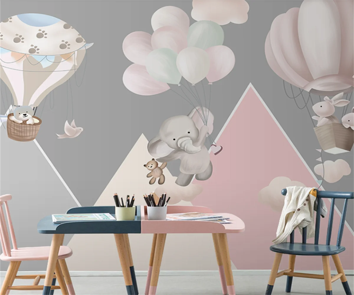 beibehang papel de parede personalizado papier peint moderno balao elefante coelho rosa cinza geometrico menina quarto bebe 04