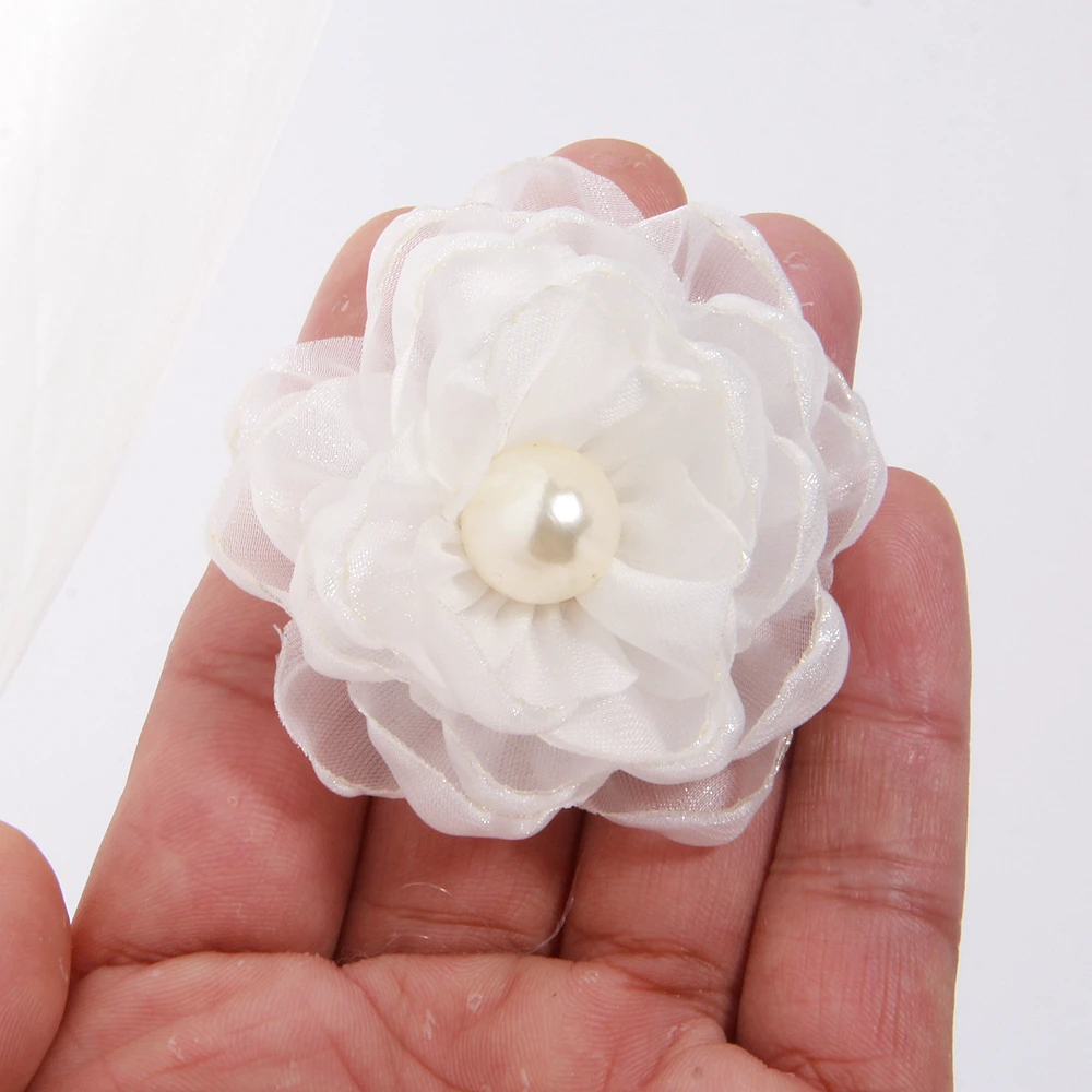 6 cm Stoffblumen, Perlenmitte, Blumenmuster, gebrannter Organza, gesangene Blume für Stirnband, Haarschmuck – Detail 8