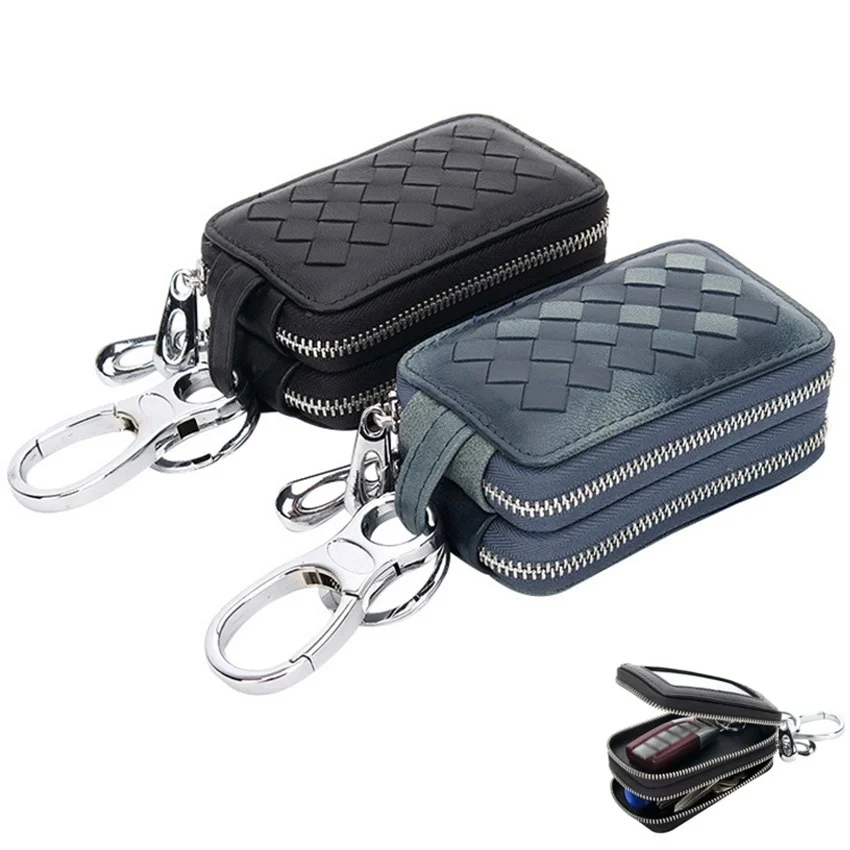 Simple Unisex Sheepskin Woven Keychain Bag Car Remote Key Case Double Zipper  Waist Hanging Key Holder new leather zipper key case men s waist mounted car key cover multifunctional household keychain mini portable key holder