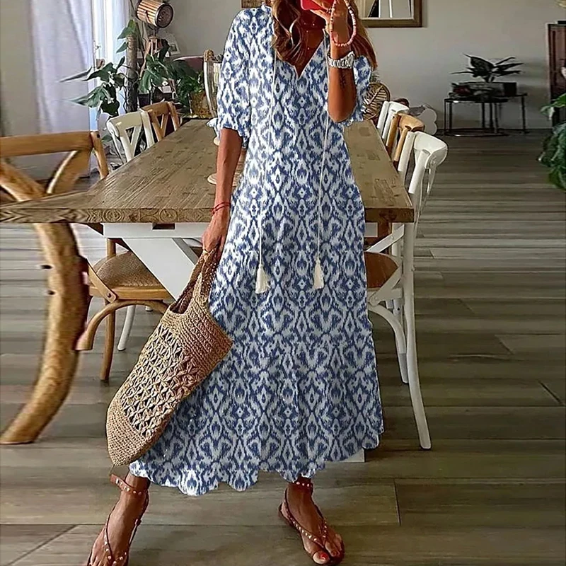 

Женское винтажное богемное Платье с принтом, летние модные длинные платья с V-образным вырезом и коротким рукавом, женское Повседневное платье