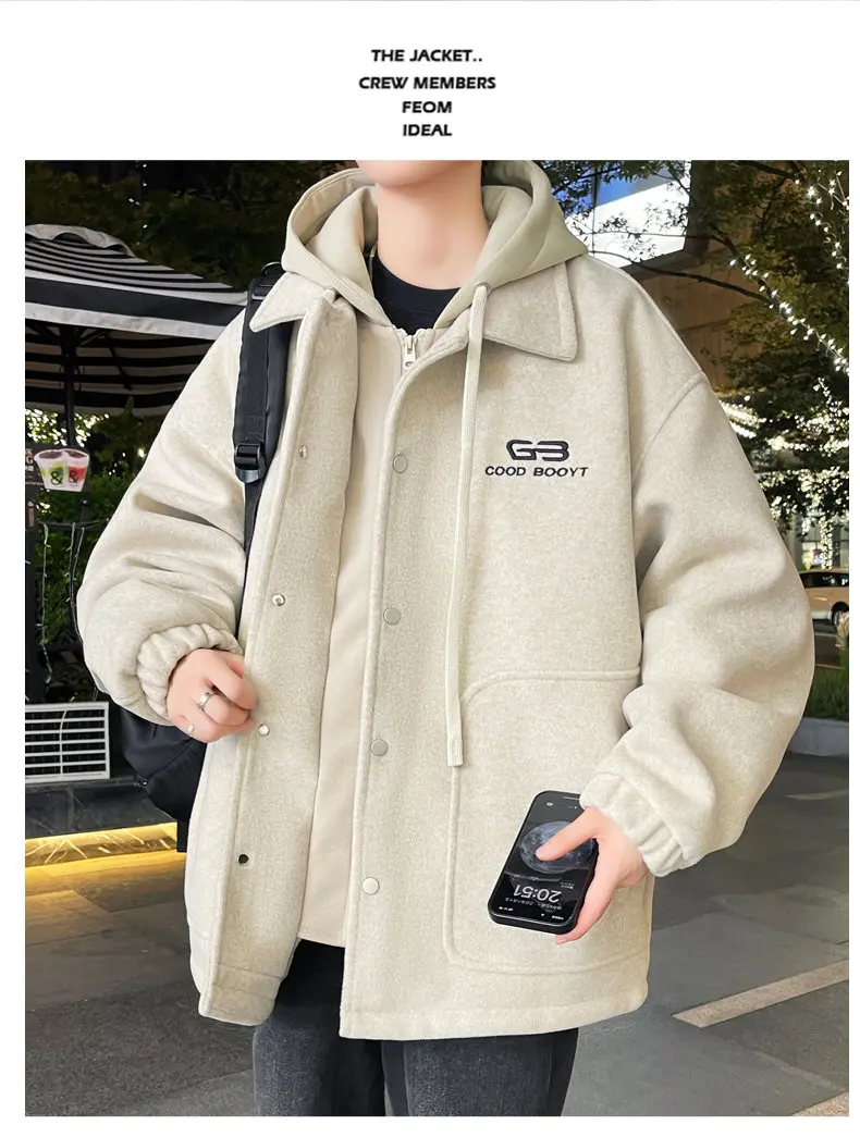 Lässige Herren-Fleece-Futtermäntel mit Kapuze, 20225, Winter, Jugend, Streetwear, lockere Plüsch-warme Jacke, winddicht, samtgepolstertes Oberteil – Detail 14