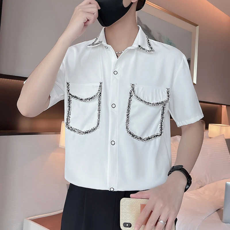 2023 Summer Ice Silk Shirt for Men Short Sleeve Loose Casual Shirts Fashion Streetwear Social Party Tuxedo Blouse Men Clothing
