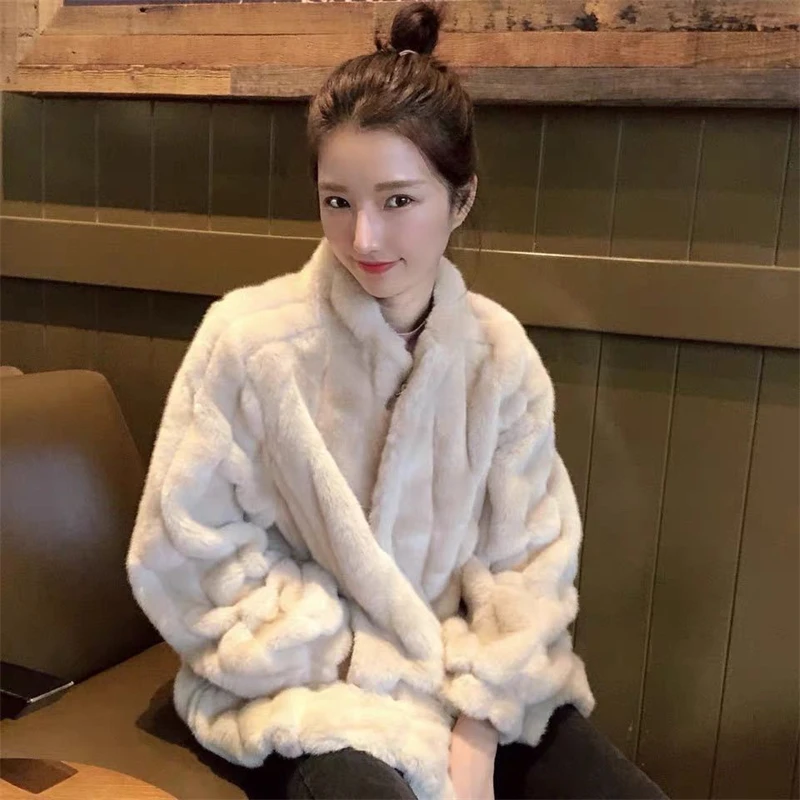 Women Winter Warm Faux Fur Lamb Fleece Jacket Fashion Loose Casual Single Breasted Mink Velvet Overcoat Large Size Coat