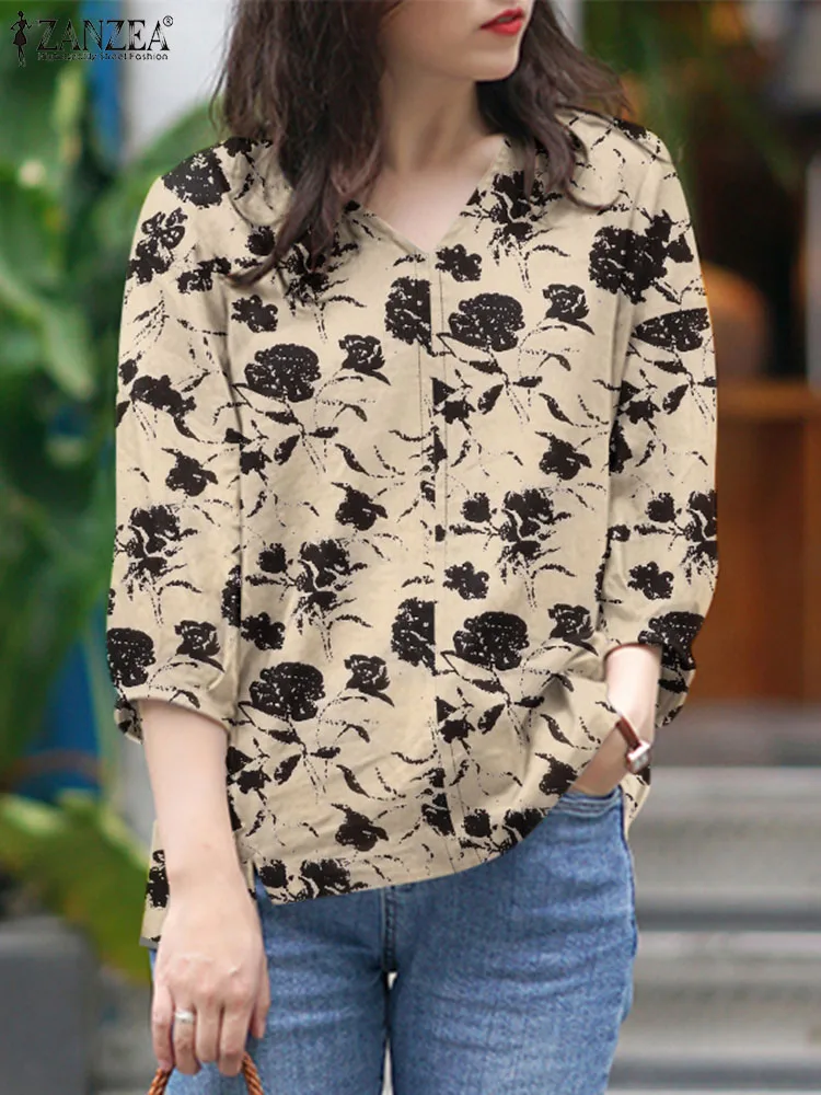 

Летняя Блузка ZANZEA 2024, женские модные топы с цветочным принтом, свободные винтажные блузы, Повседневная богемная Праздничная рубашка с V-образным вырезом и рукавом 3/4